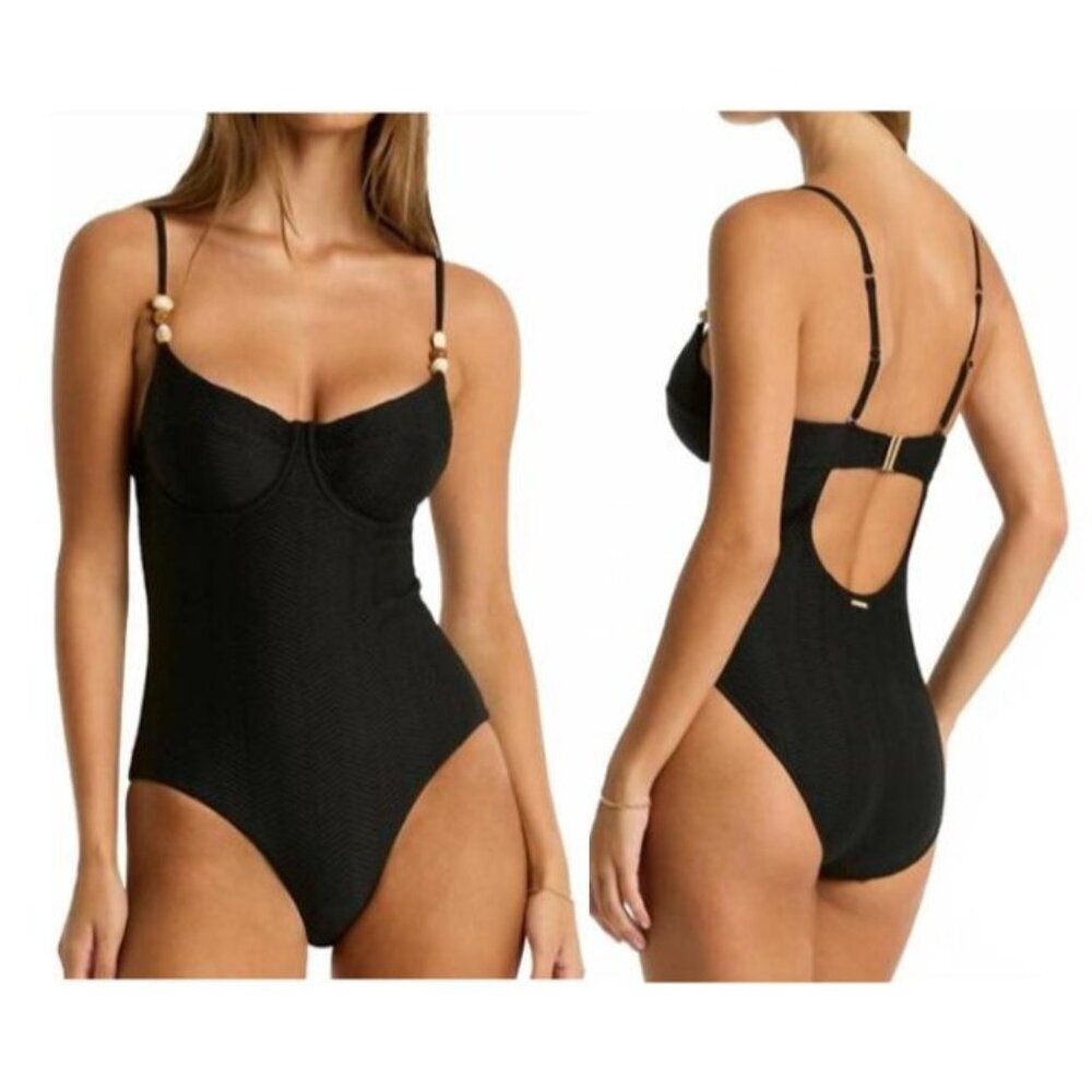Sea Level Australia New Caracus Balconette Bra One Piece Swimsuit Size 10 Black